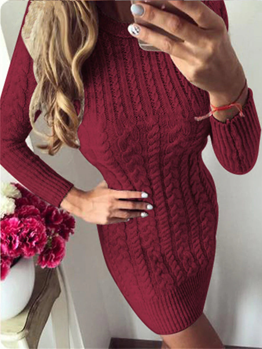 Women's Sweater Dress Crew Neck Cable Knit Cotton Acrylic Hollow Out Fall Winter Outdoor Sport Going out Stylish Casual Soft Long Sleeve Solid Color Silver Light Blue claret S M L