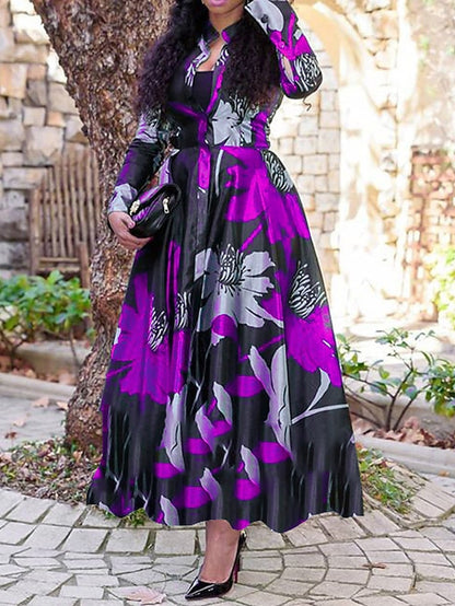 Women's Shirt Dress Work Dress A Line Dress Maxi long Dress Red Blue Fuchsia Long Sleeve Floral Print Spring Shirt Collar Elegant Summer Dress Spring Dress 2022 M L XL XXL