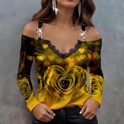 Women's Shirt Blouse Heart Rose Floral Casual Going out Print Lace Trims Cold Shoulder Yellow Long Sleeve Fashion V Neck Spring &  Fall