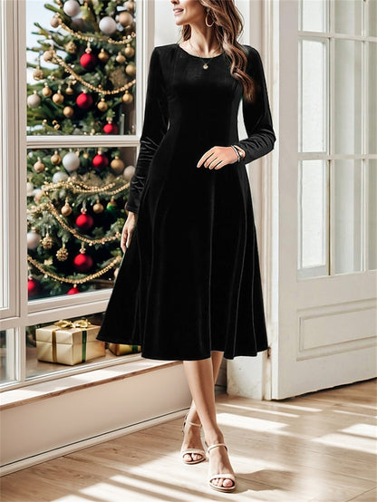 Women's Velvet Dress Party Dress Cocktail Dress Velvet Ruched Crew Neck Long Sleeve Midi Dress Christmas Birthday Black Wine Spring Winter