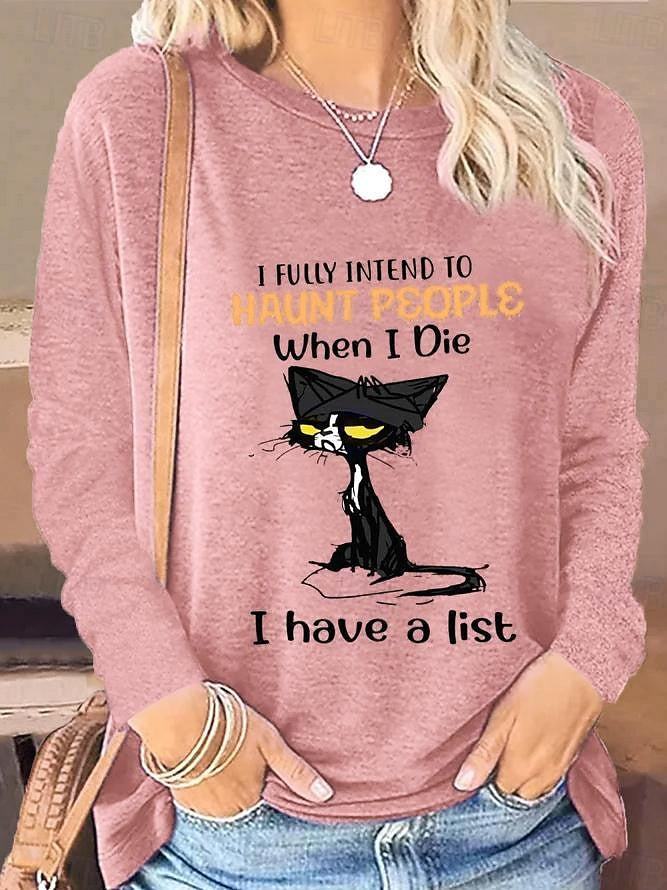 Women's T shirt Tee Cat Letter Daily Weekend Print Pink Long Sleeve Fashion Round Neck Spring &  Fall