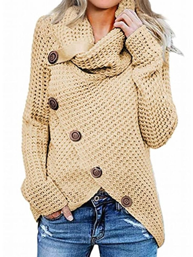 Women's Sweater Knitted Button Solid Color Casual Long Sleeve Regular Fit Sweater Cardigans Turtleneck Fall Winter Dark Yellow Green White