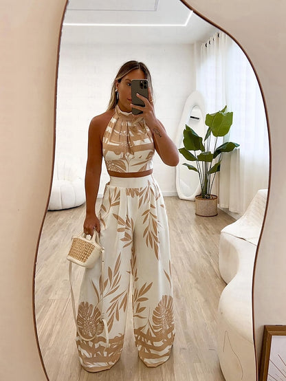 Women's Two Piece Dress Set Casual Dress Print Dress Date Vacation Casual Boho Print Long Dress Maxi Dress Halter Neck Sleeveless Tree Regular Fit Black Khaki Summer Spring S M L XL