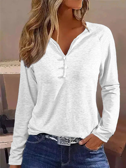 Women's T shirt Tee Henley Shirt Plain Daily Weekend Button Black Long Sleeve Elegant Fashion Basic V Neck Fall & Winter