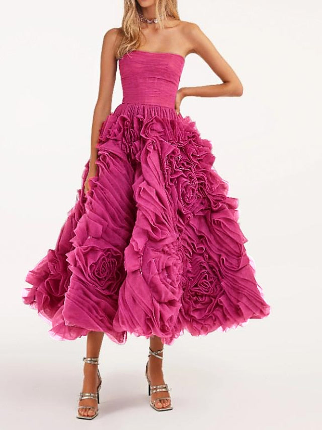 A-Line Prom Dresses Floral Dress Masquerade Ankle Length Sleeveless Strapless Tulle Backless with Floral 2023 - LuckyFash™