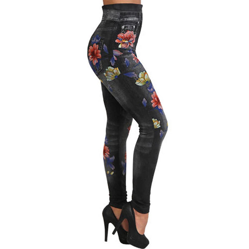 Women's Tights Leggings Jeggings Print Flower / Floral Tummy Control Butt Lift Ankle-Length Casual Weekend Faux Denim Fashion Skinny Black Blue High Waist High Elasticity