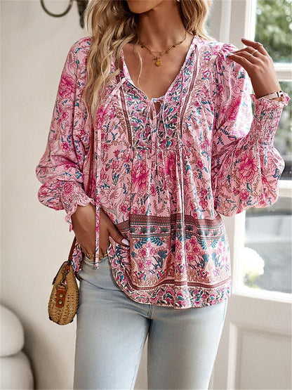 Women's Shirt Blouse Floral Vacation Beach Lace up Print Pink Long Sleeve Casual Boho V Neck Summer