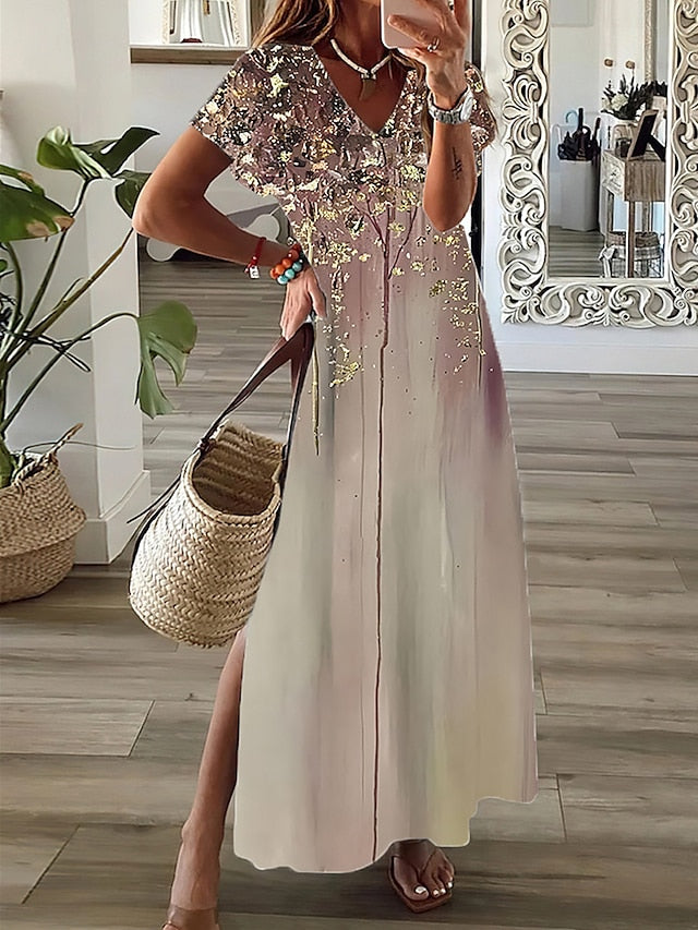 Women's Casual Dress A Line Dress Summer Dress Print Ombre Split Print V Neck Long Dress Maxi Dress Fashion Streetwear Outdoor Daily Short Sleeve Regular Fit Yellow Pink Red Summer Spring S M L XL XXL - LuckyFash™