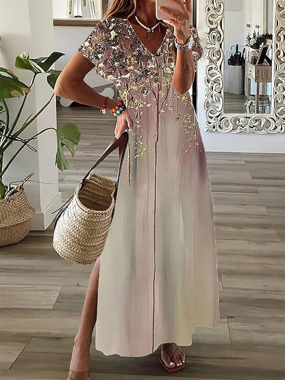 Women's Casual Dress A Line Dress Summer Dress Print Ombre Split Print V Neck Long Dress Maxi Dress Fashion Streetwear Outdoor Daily Short Sleeve Regular Fit Yellow Pink Red Summer Spring S M L XL XXL - LuckyFash™