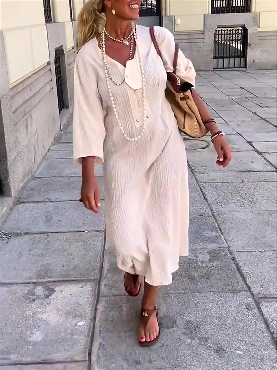 Women's White Dress Casual Dress Summer Dress Midi Dress Button Daily Date Fashion Basic Split Neck 3/4 Length Sleeve White Color