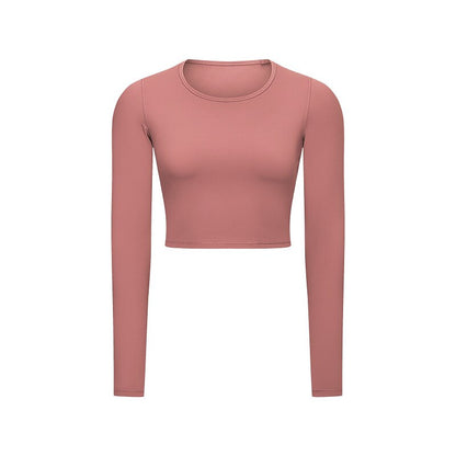 Women's Running T-Shirt Crop Top Solid Color Yoga Fitness Thumbhole Crop Top Red Crew Neck High Elasticity Spring &  Fall