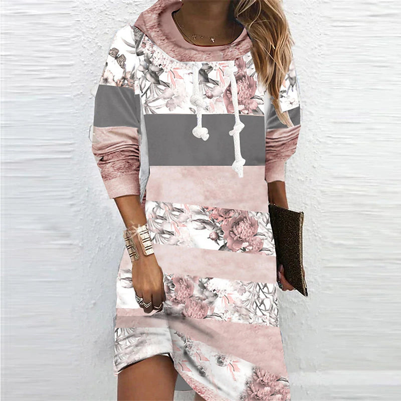 Women‘s Hoodie Dress Winter Dress Blue Purple Pink Long Sleeve Floral Print Winter Fall Hooded Vacation Casual Fall Dress 2022 S M L XL XXL 3XL