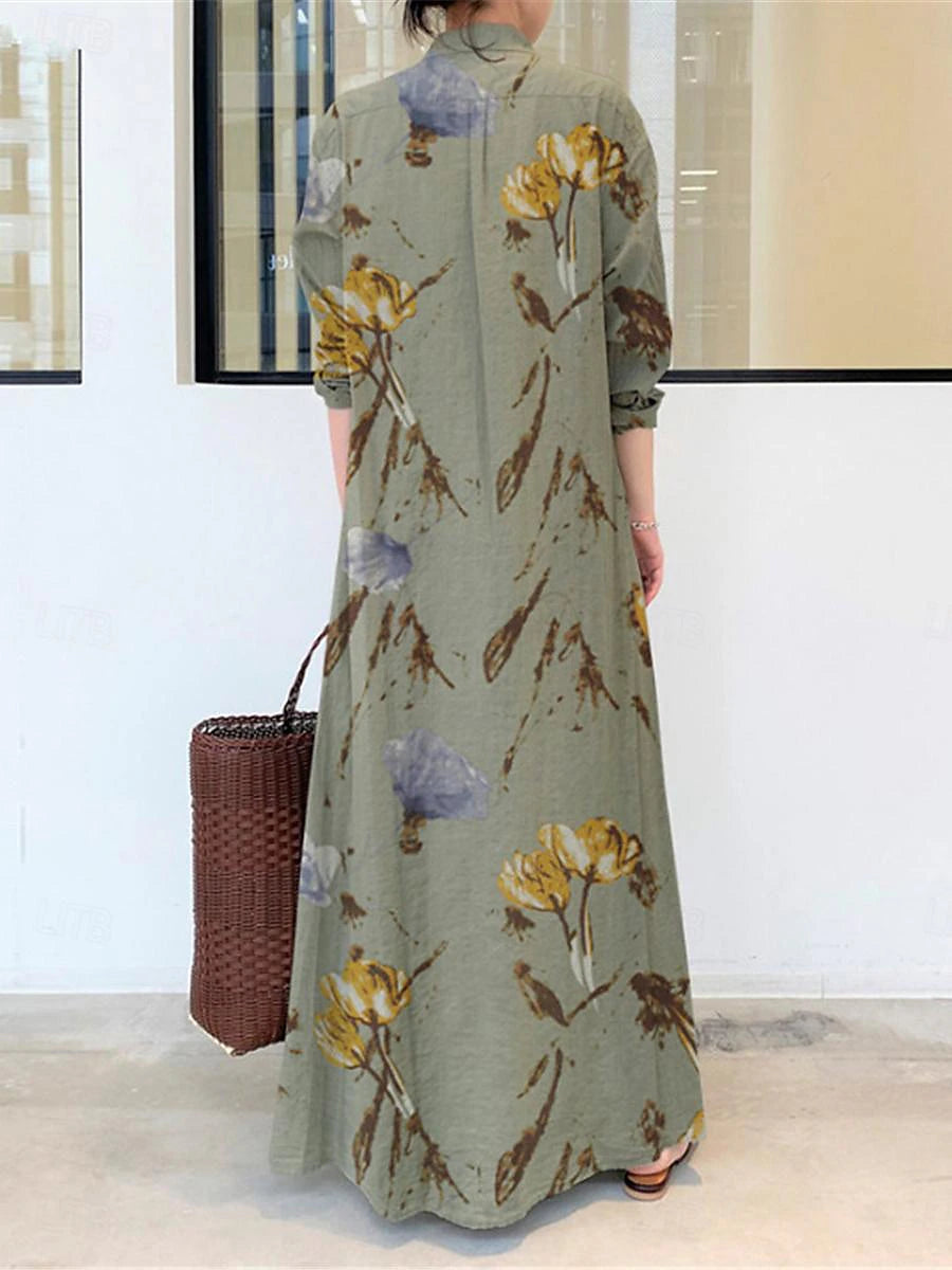 Women's Shirt Dress Casual Dress Cotton Linen Dress Maxi long Dress Button Pocket Daily Shirt Collar Long Sleeve Summer Spring Green Apricot Floral