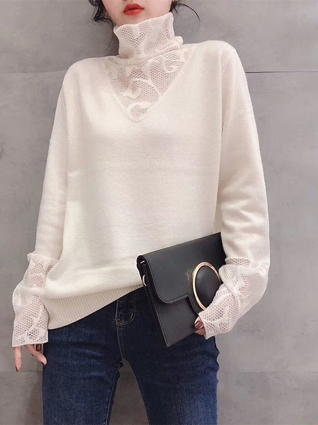 Women's Pullover Sweater Jumper Turtleneck Ribbed Knit Wool Patchwork Lace Trims Fall Winter Regular Outdoor Daily Going out Stylish Casual Soft Long Sleeve Solid Color Black White Blue S M L