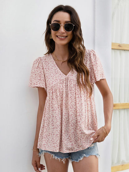 V-Neck Floral Printed Pattern Short Sleeve Loose Casual T-Shirt