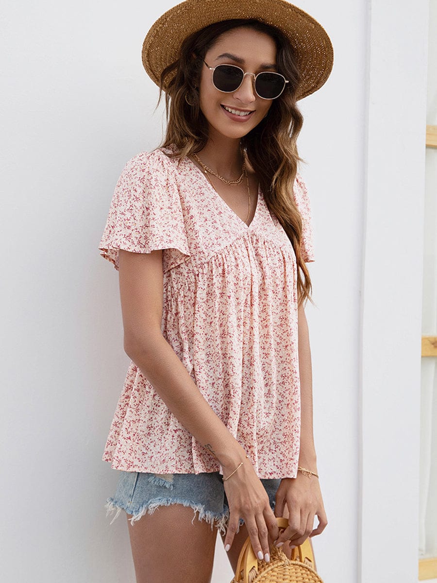 V-Neck Floral Printed Pattern Short Sleeve Loose Casual T-Shirt