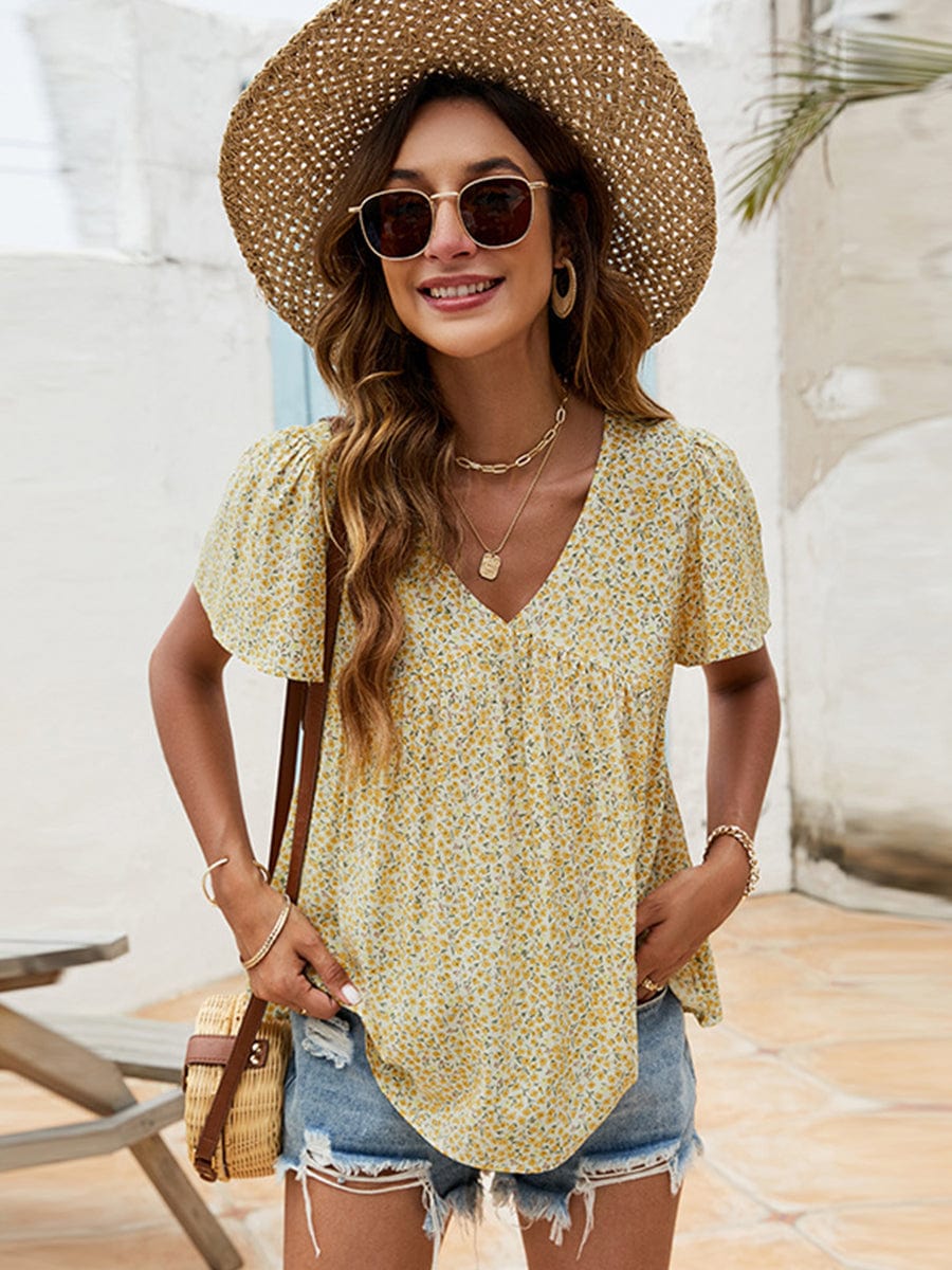 V-Neck Floral Printed Pattern Short Sleeve Loose Casual T-Shirt