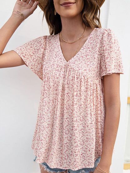 V-Neck Floral Printed Pattern Short Sleeve Loose Casual T-Shirt