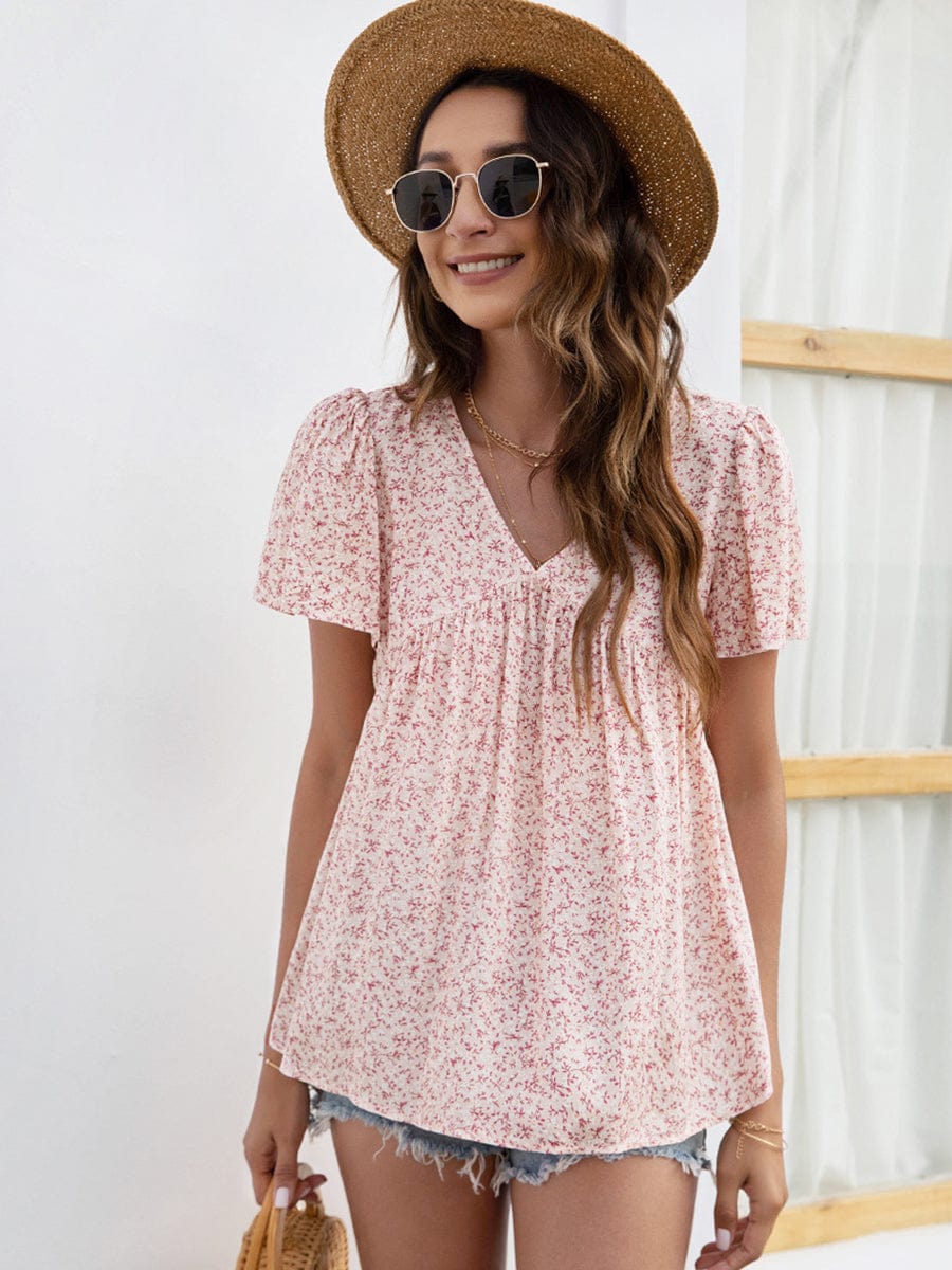 V-Neck Floral Printed Pattern Short Sleeve Loose Casual T-Shirt