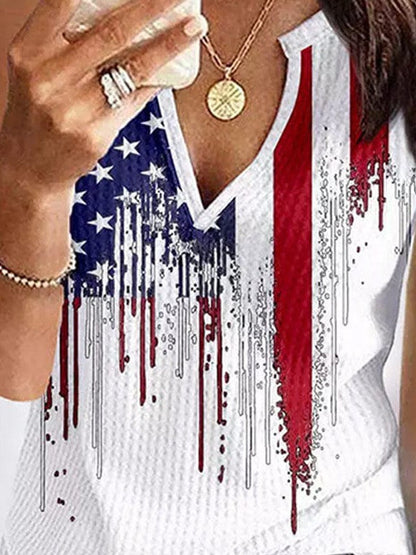 V-neck Independence Day Flag Print Women's Vest with Sleeveless Design