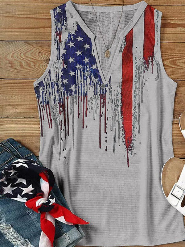 V-neck Independence Day Flag Print Women's Vest with Sleeveless Design