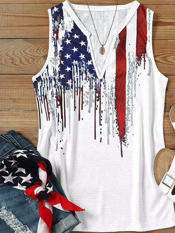 V-neck Independence Day Flag Print Women's Vest with Sleeveless Design