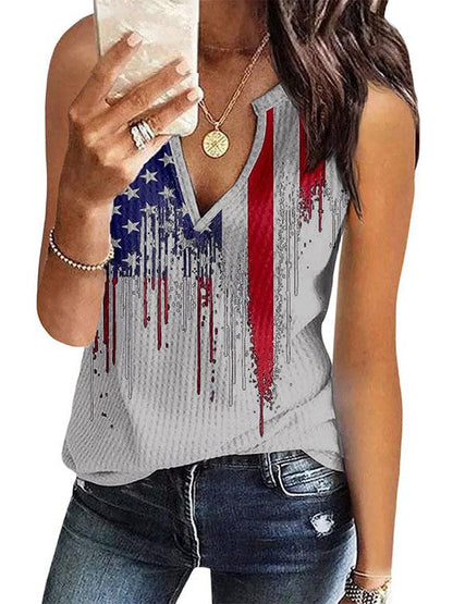 V-neck Independence Day Flag Print Women's Vest with Sleeveless Design