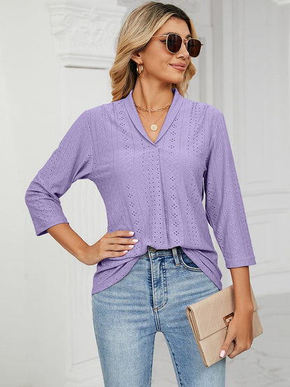 V-Neck Pleated Casual Loose Medium Sleeve T-Shirt