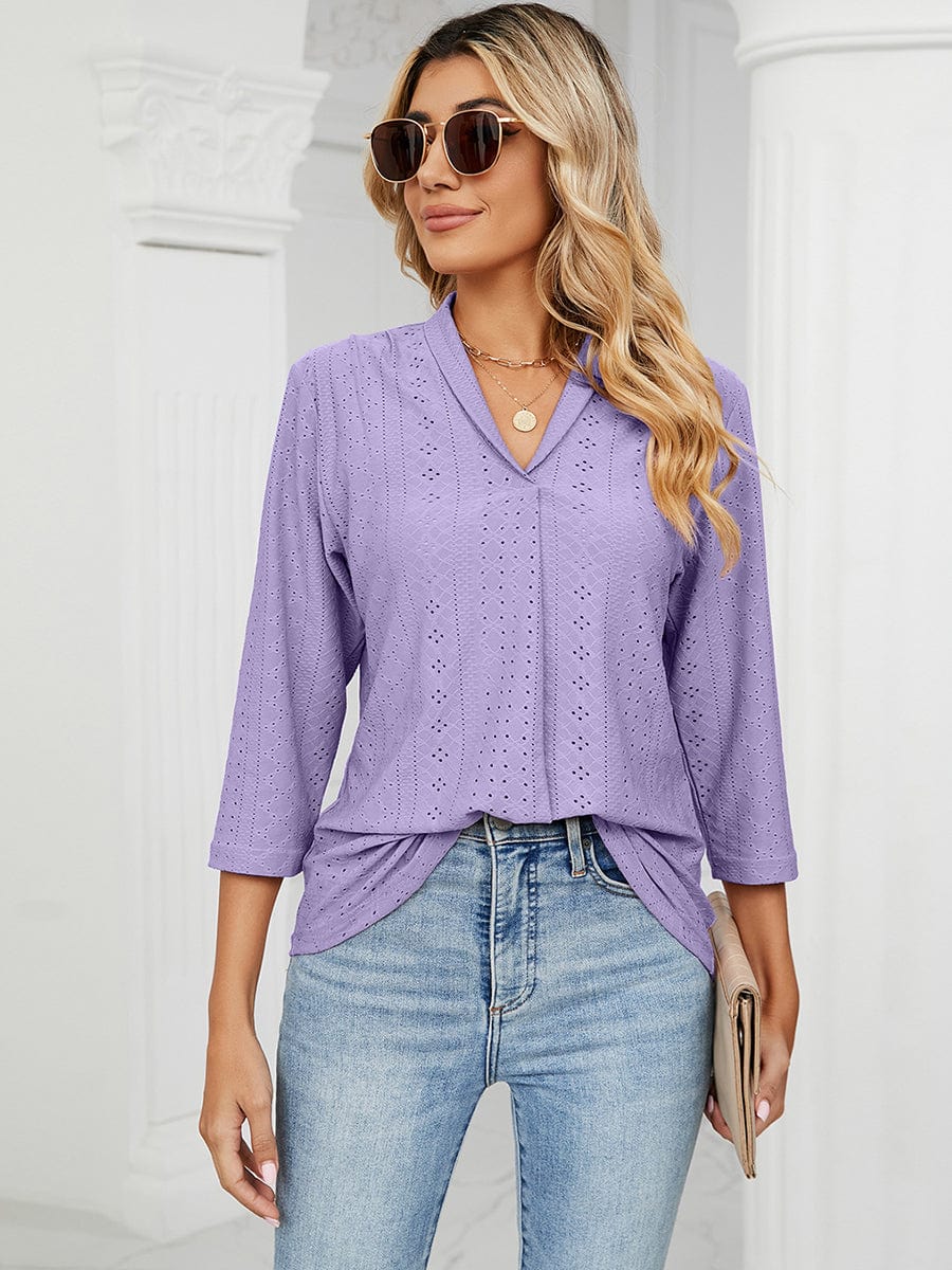 V-Neck Pleated Casual Loose Medium Sleeve T-Shirt