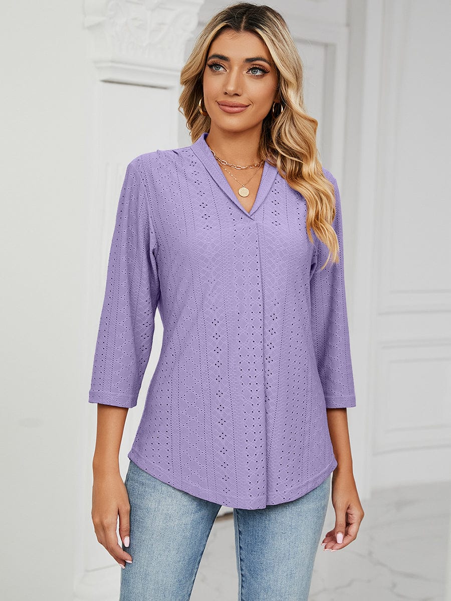 V-Neck Pleated Casual Loose Medium Sleeve T-Shirt