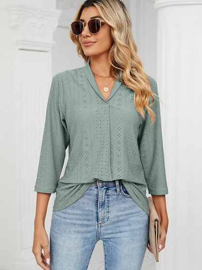 V-Neck Pleated Casual Loose Medium Sleeve T-Shirt