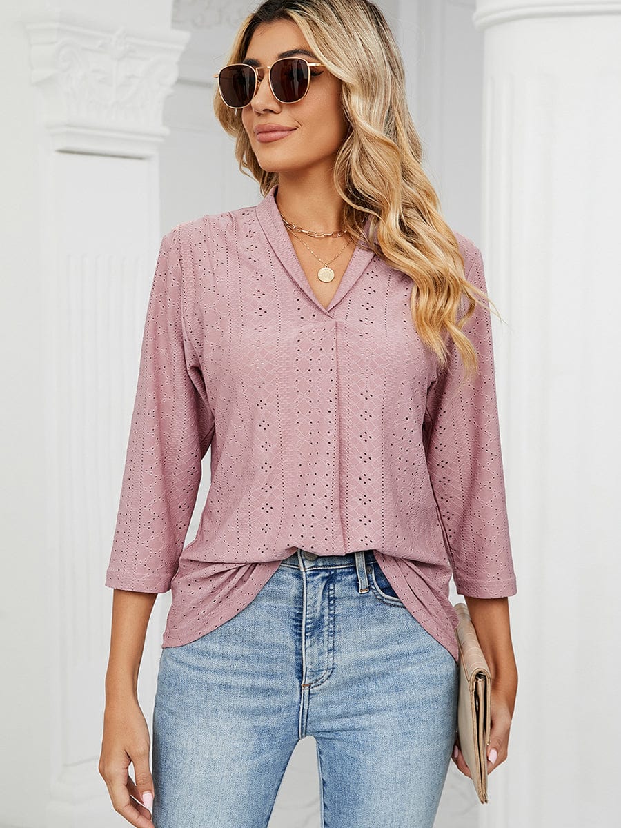 V-Neck Pleated Casual Loose Medium Sleeve T-Shirt