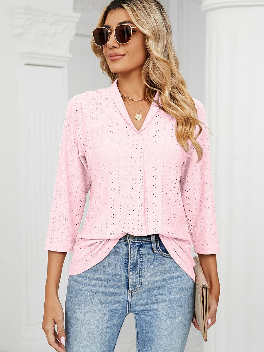 V-Neck Pleated Casual Loose Medium Sleeve T-Shirt