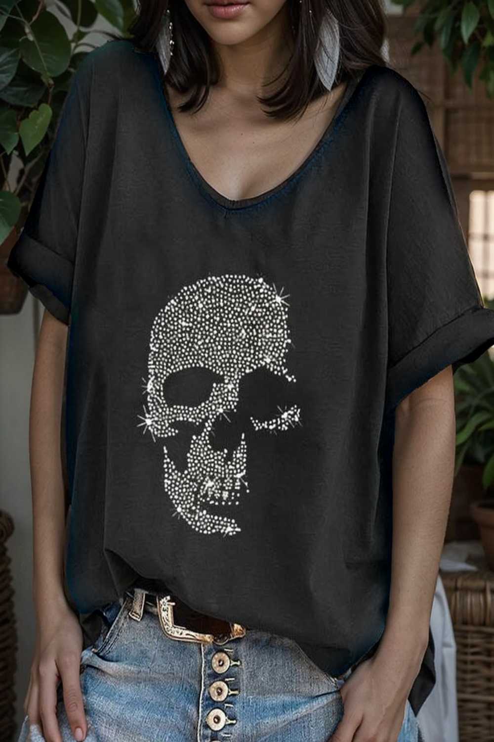 v neck skull print loose short sleeve t shirt 105647