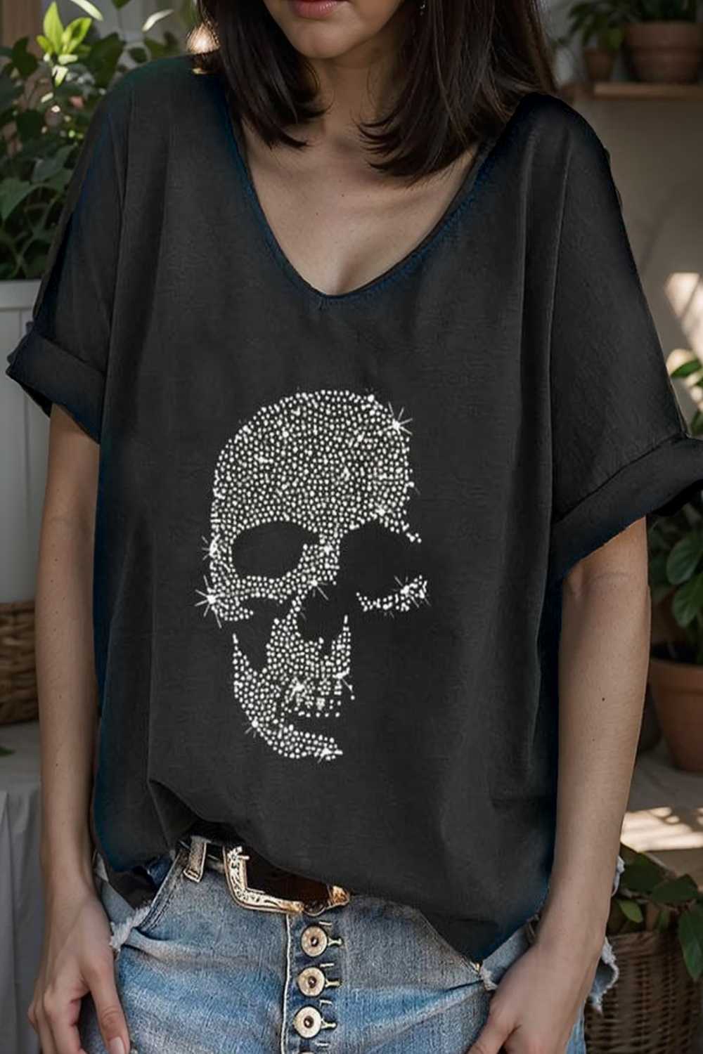 v neck skull print loose short sleeve t shirt 110632