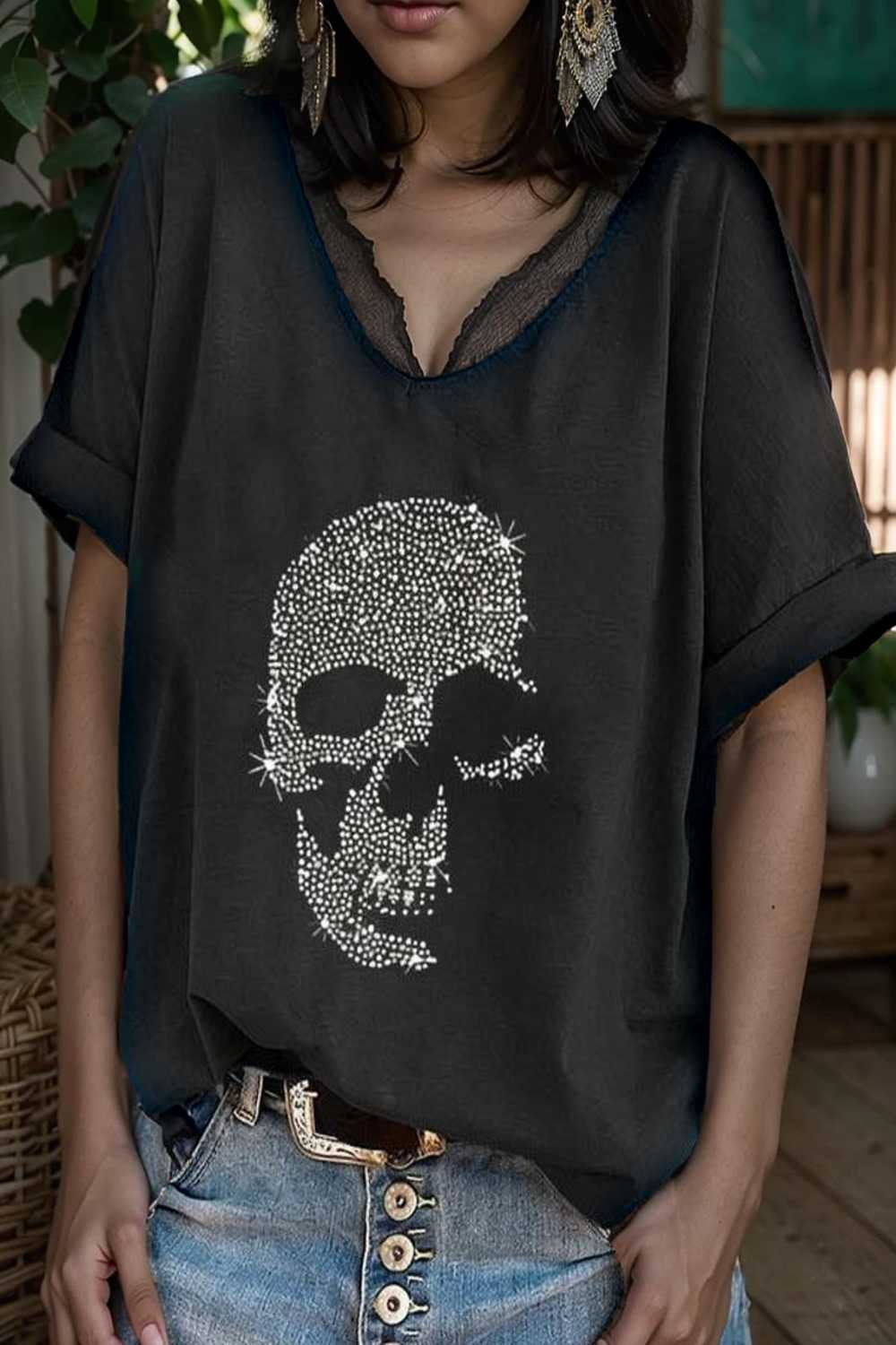 v neck skull print loose short sleeve t shirt 105646