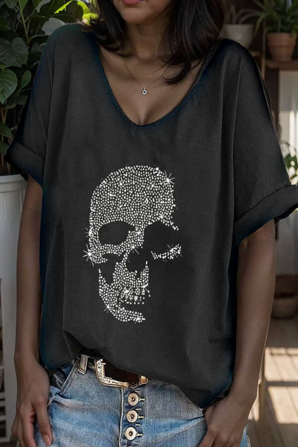 v neck skull print loose short sleeve t shirt 110631