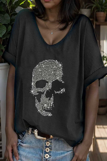 v neck skull print loose short sleeve t shirt 110631