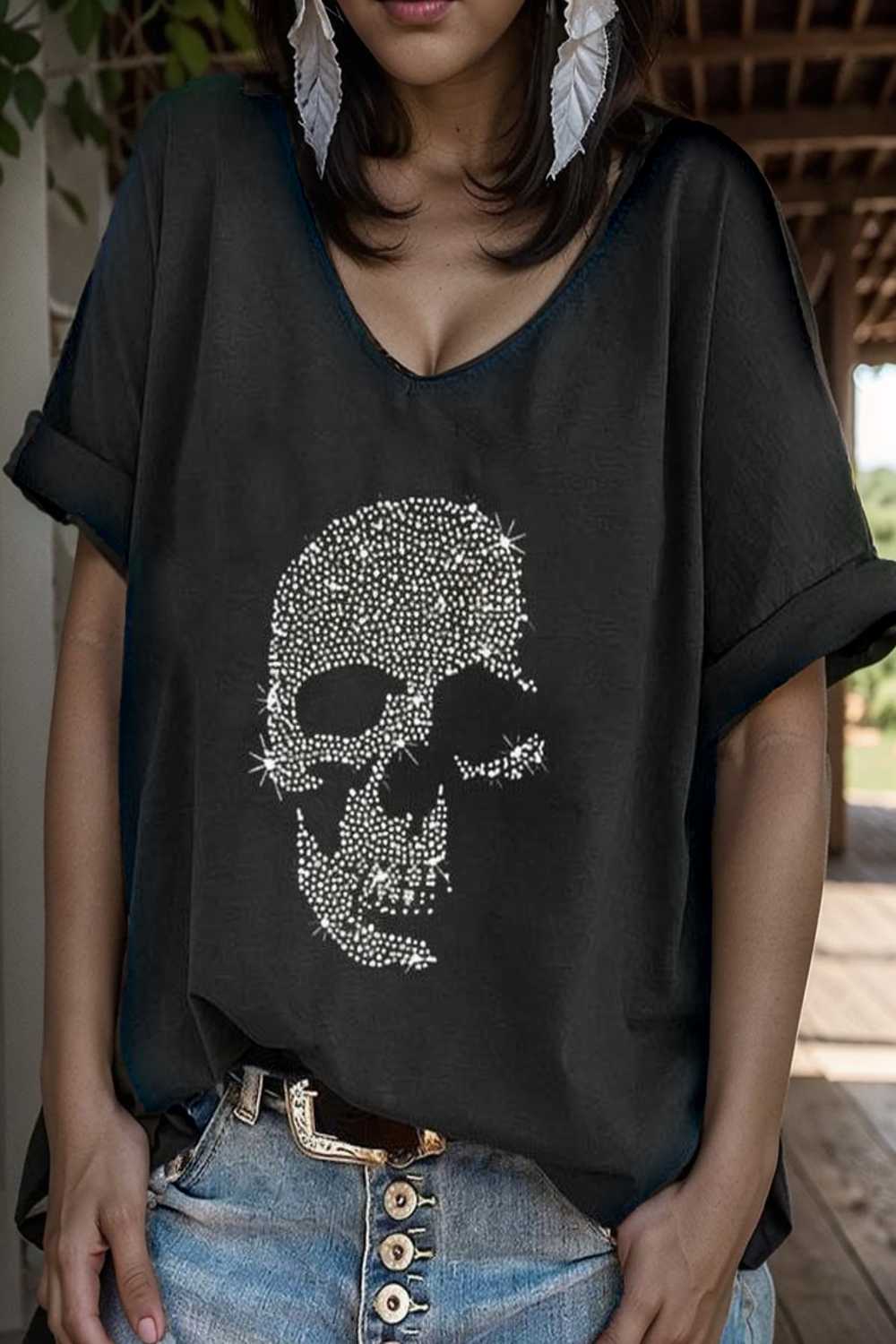 v neck skull print loose short sleeve t shirt 105645