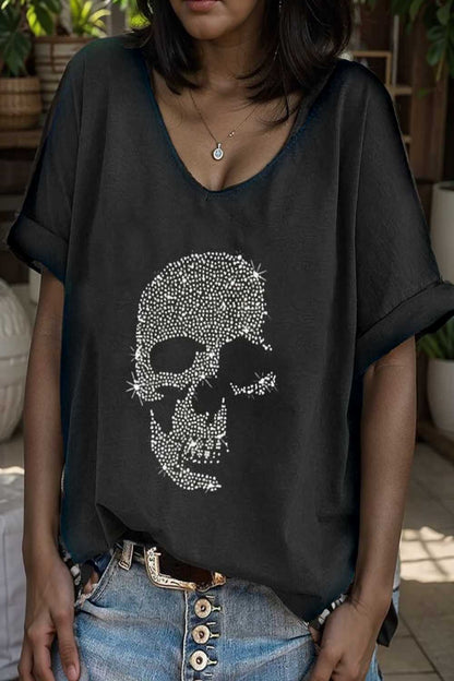v neck skull print loose short sleeve t shirt 110630