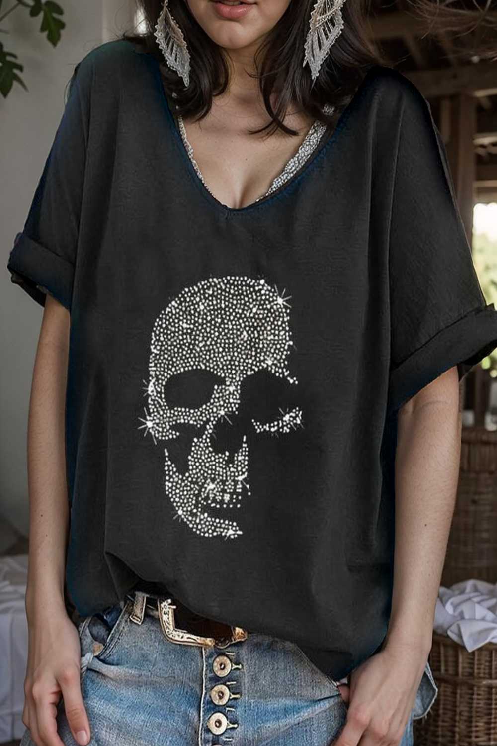 v neck skull print loose short sleeve t shirt 110629