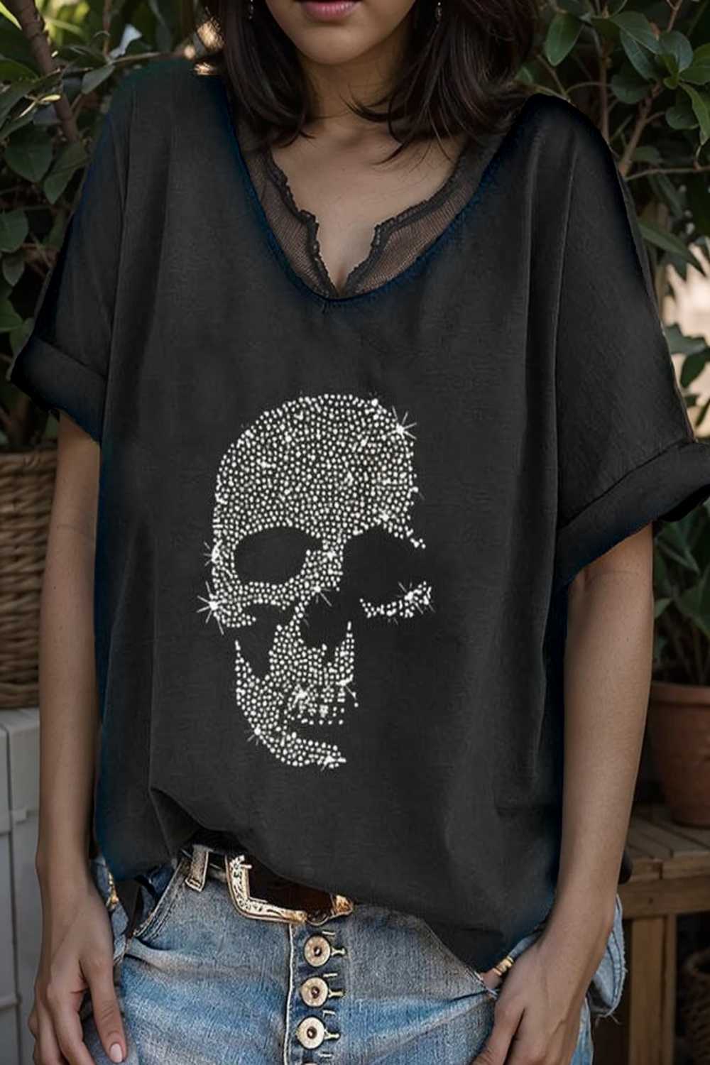 v neck skull print loose short sleeve t shirt 105644