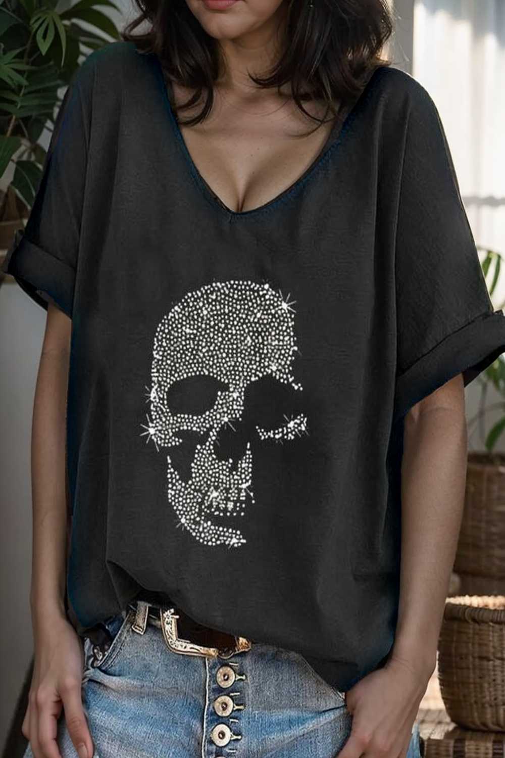 v neck skull print loose short sleeve t shirt 110628