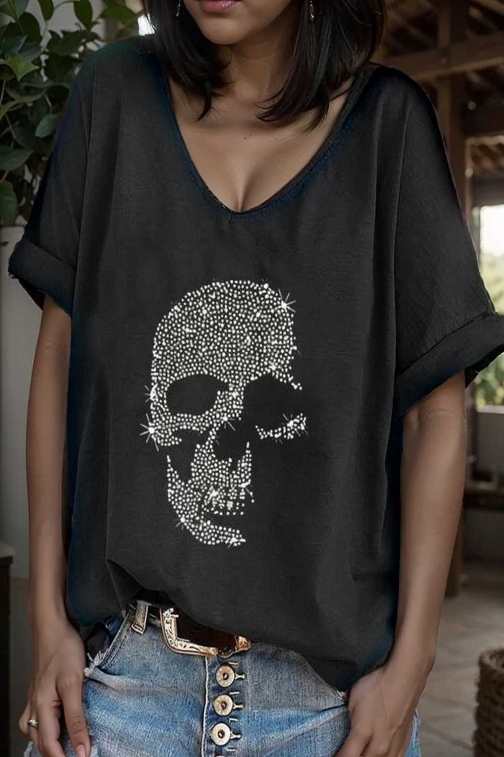 v neck skull print loose short sleeve t shirt 105643