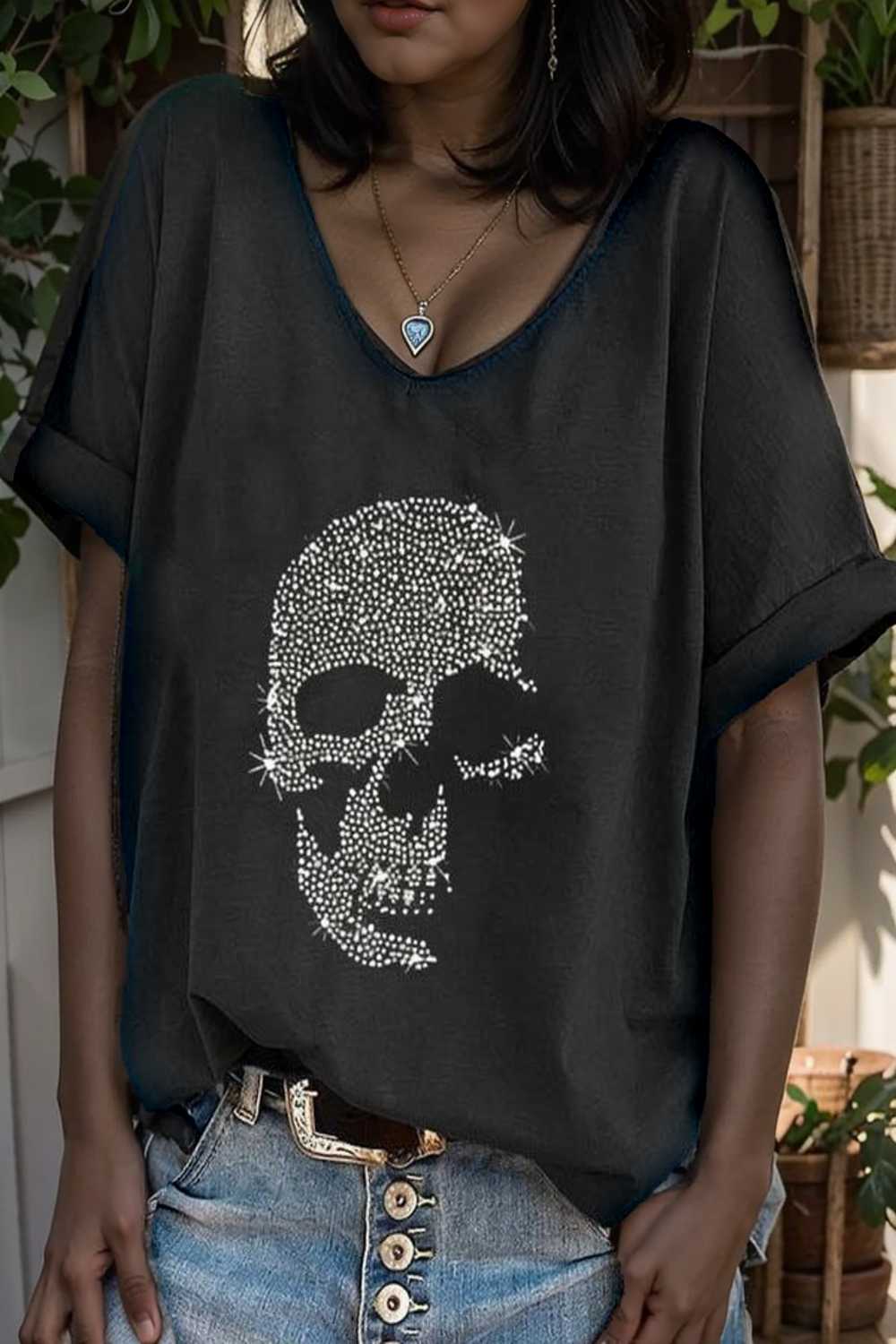 v neck skull print loose short sleeve t shirt 110627