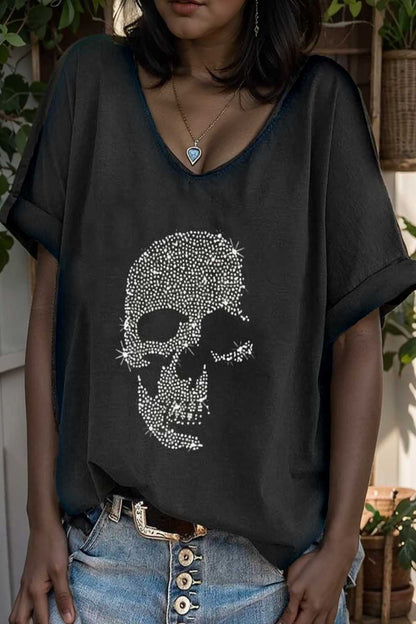 v neck skull print loose short sleeve t shirt 110627