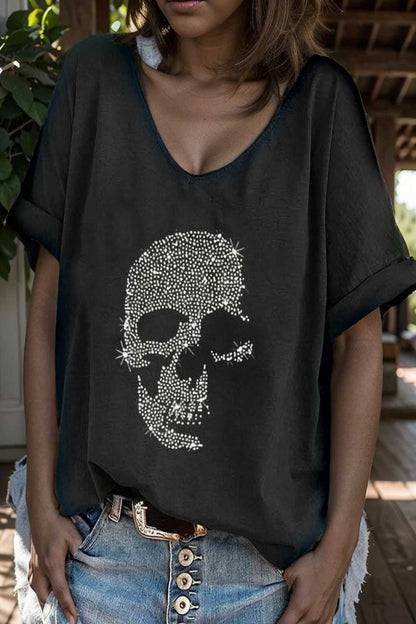 v neck skull print loose short sleeve t shirt 105642