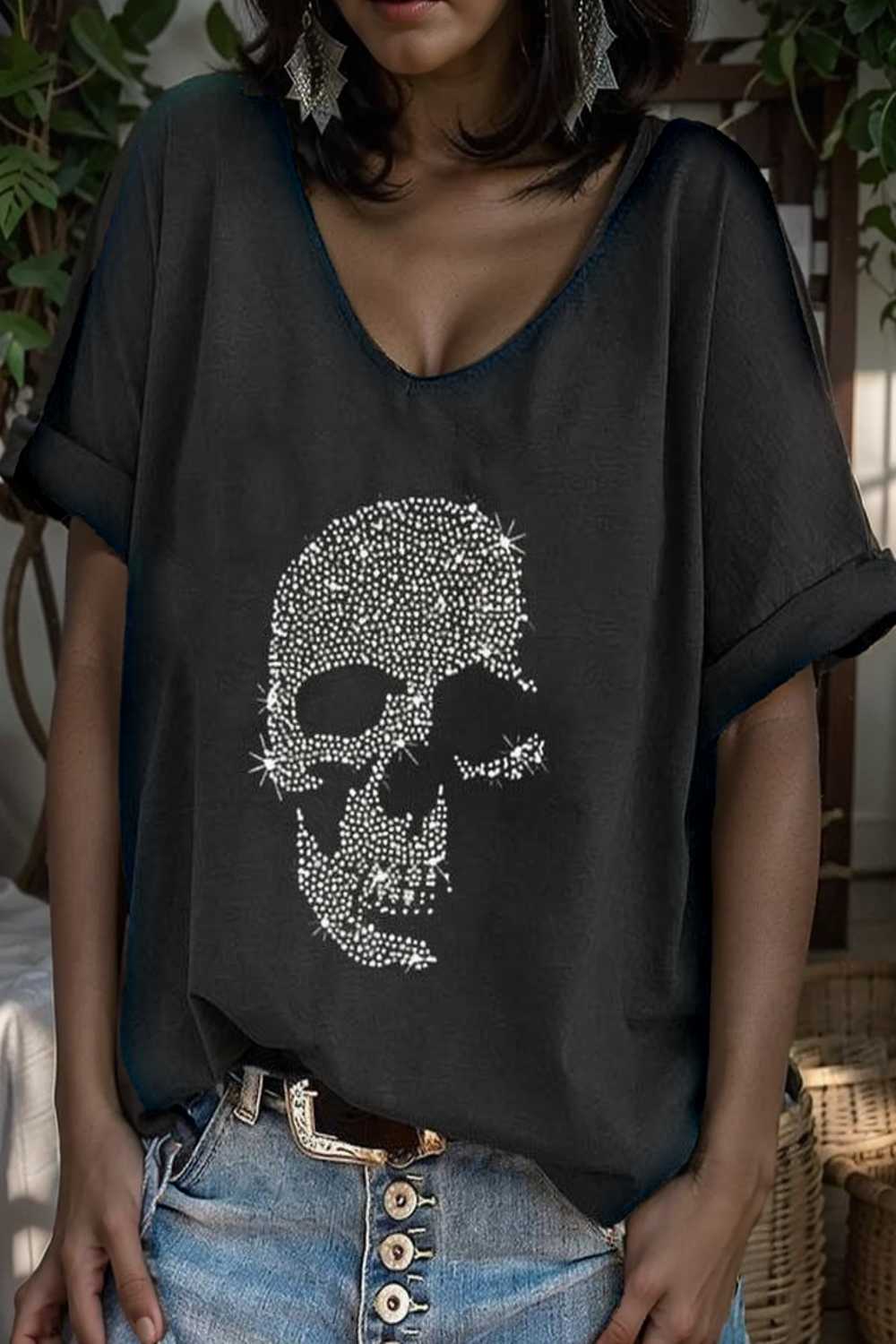 v neck skull print loose short sleeve t shirt 110626