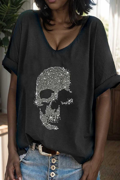 v neck skull print loose short sleeve t shirt 105641