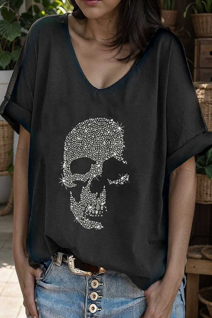 v neck skull print loose short sleeve t shirt 105640